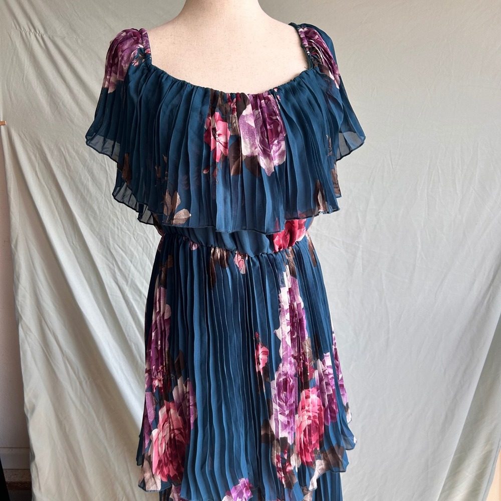 Ricarica Women's Pleated Floral Maxi Dress Off Shoulder Blue Pink Ruffle Boho M